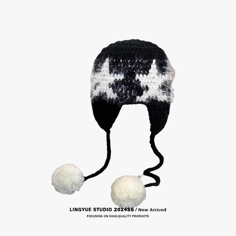 

Hat Female Pentagram Hairball Wool Hat Retro Hook Knitted Hat Winter Versatile Wool Hat Thickened Ear Protector One Size