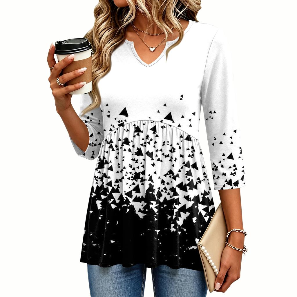 Women's Casual Plaid Print V-Neck Three-Quarter Sleeve Blouse for Everyday Wear