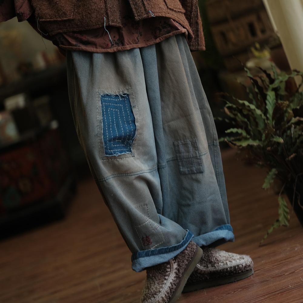 Johnature Pantaloni de damă vintage patchwork cu picior larg, talie elastică, largi, de primăvară, pantaloni lungi casual