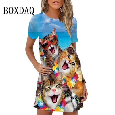 Summer Women's Dress Funny Cat Print O-Neck Short Sleeve Loose Mini Dresses Casual Female Sweet A-Line Sundress Vestidos