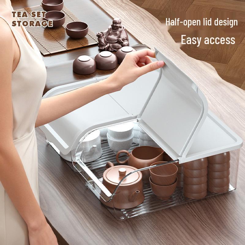 White Transparent Tea Set Storage Box with Lid - Dustproof, Moisture-Proof Kitchen Countertop Organizer