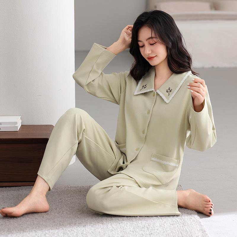 Anti-bumping point with chest pad Spring and autumn women's cardigan loungewear pure cotton long-sleeved lapel two-piece pajamas women's suit