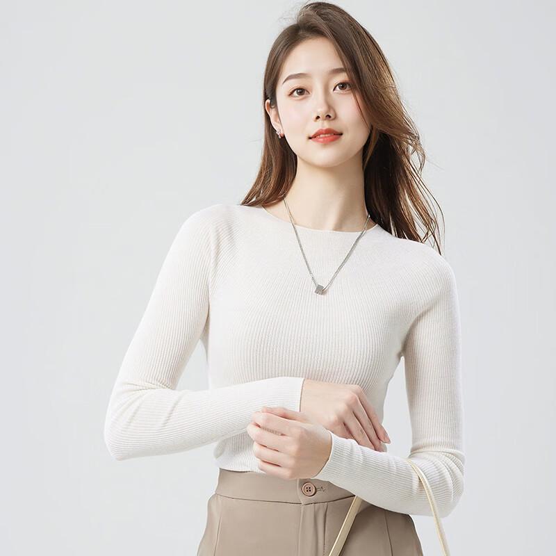 Fengxun Women's Seamless 100% Wool Round Neck Sweater
