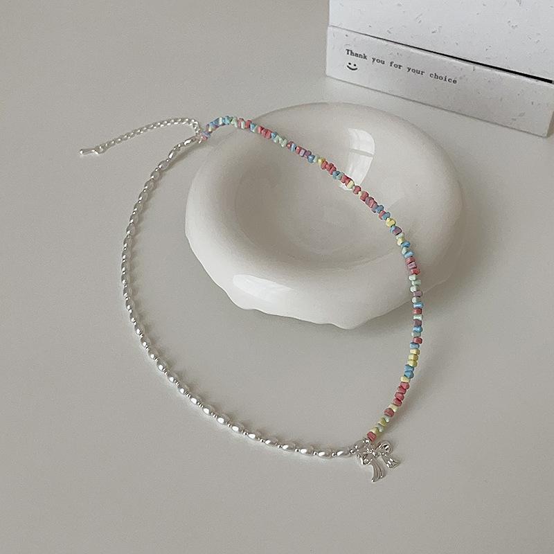 Dopamine Color Beaded Pearl Bow Necklace Bracelet Female Cute Exquisite Fashion Versatile Neck Chain Collarbone Chain