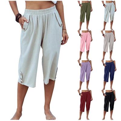 Linen Pants For Women Casual Solid Color Pants Solid Color 3/4 Trousers High Waisted With Pocket