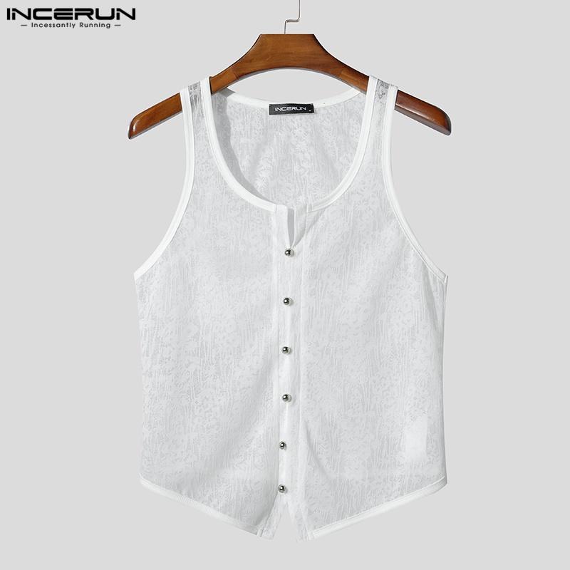 INCERUN Sommer Herre U-hals Ermeløs Knapper Blonder Mesh Gjennomsiktig Casual Tanktopper