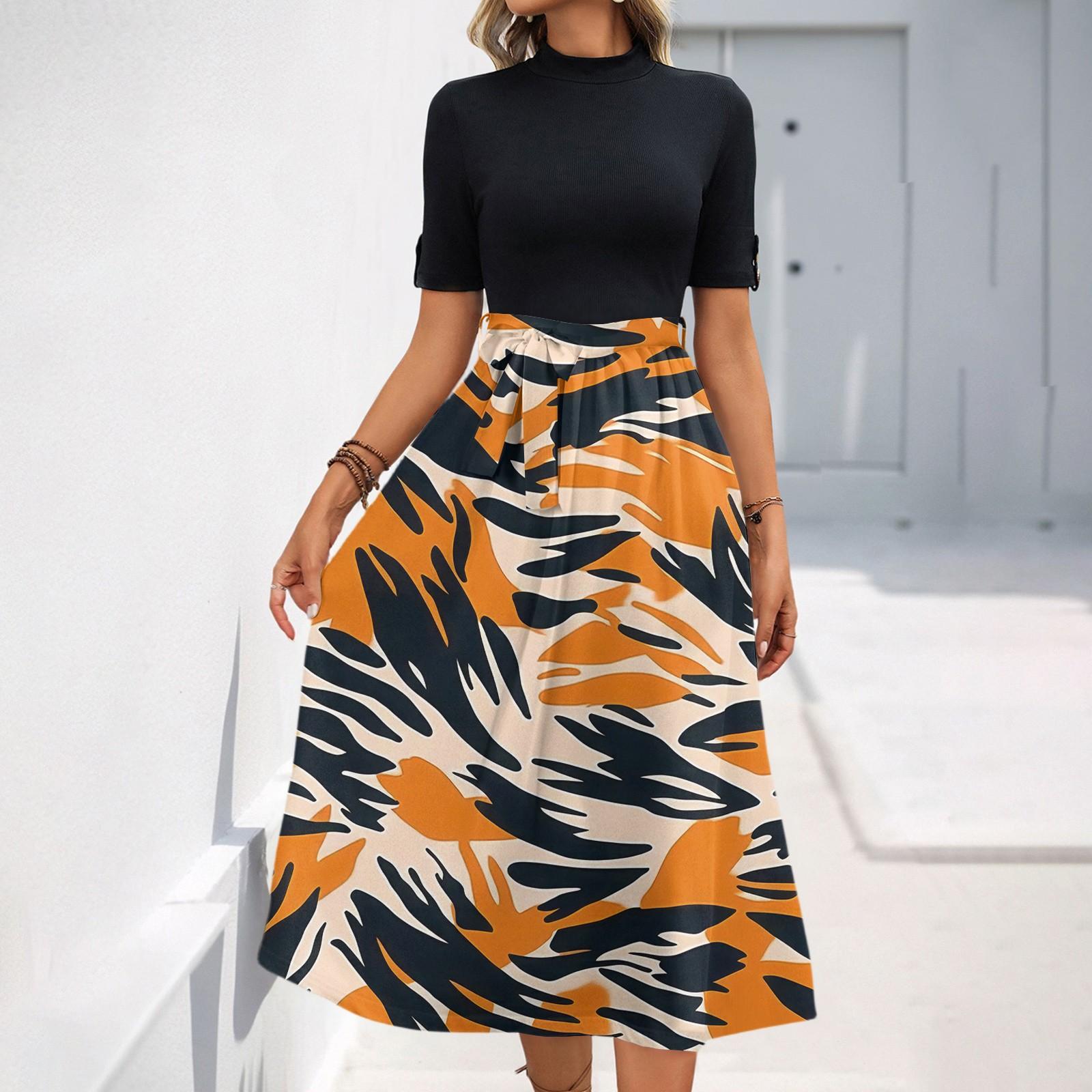 

Женское модное повседневное платье с коротким рукавом и круглым вырезом с цветочным принтом и элегантным темпераментом XL шафрановый