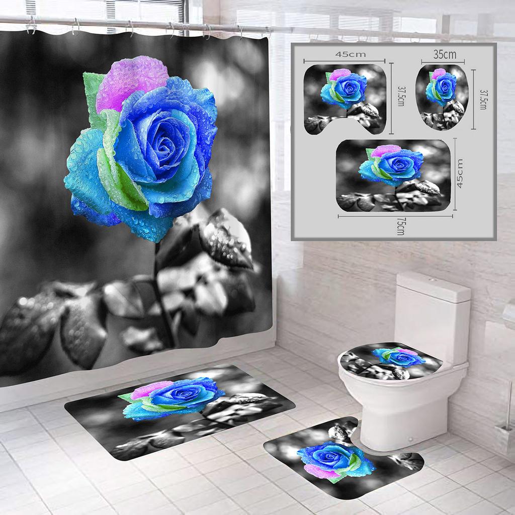 Wholesale Valentine's Day Rose Collection: Polyester Waterproof 3D Digital Print Shower Curtain & Bath Mat 4-Piece Set + Toilet 3-Piece Set