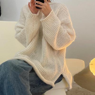Korean Cream Thick Knit Pullover Sweater - Loose Fit Basic Top for Women