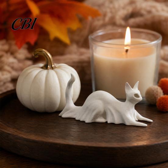 Ghost Skirt Cat Sculpture 3D Printed Statues, Halloween Haunted Kitten Figurines with Hollow Eyes Durable Statue & Flowing Drapes, Matte White Spooky