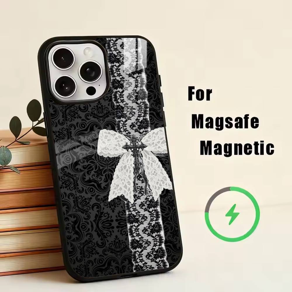Elegant black lace print design Phone Case For iPhone17,16,15,14,13,12,11 Plus,Pro Magnetic For Magsafe Wireless Charging