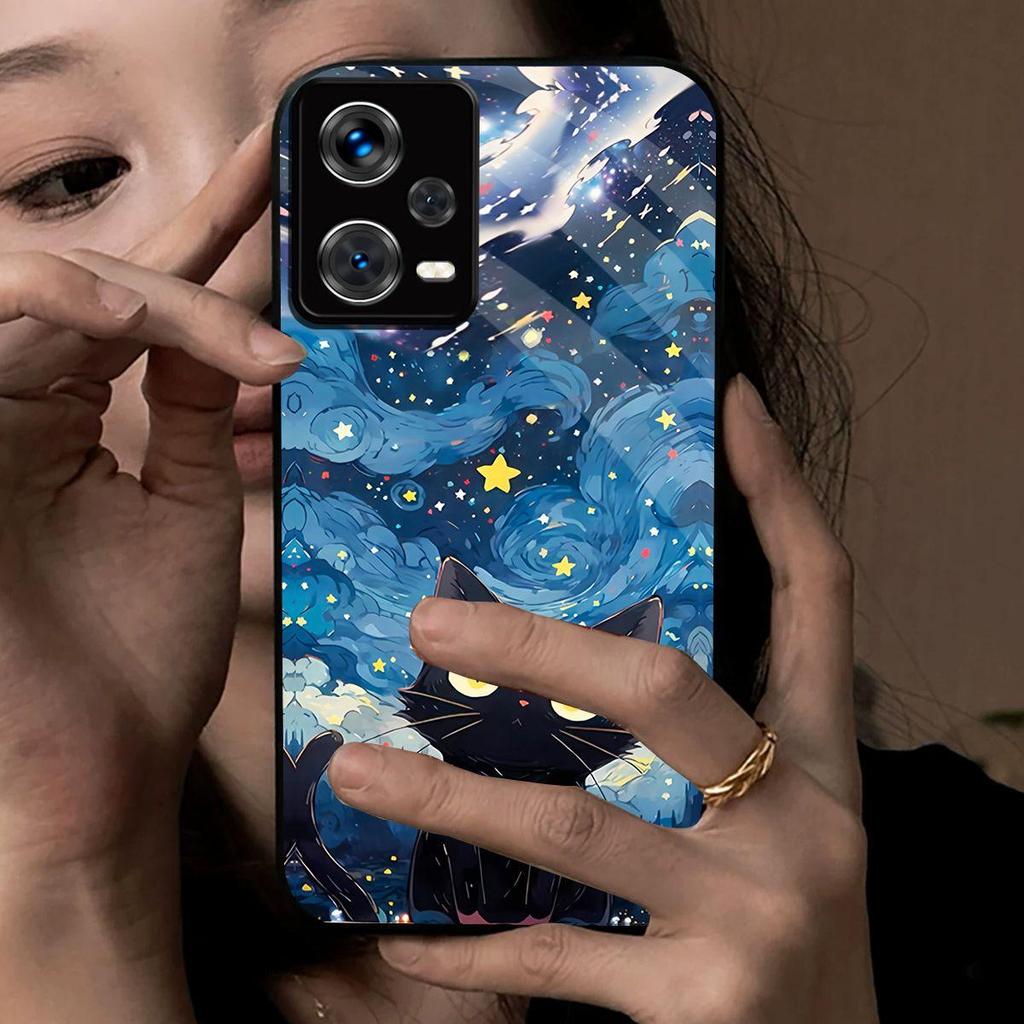 Case for Xiaomi Redmi Note 12 Pro+ 5G Pro POCO X5 Anime Black Cat Starry Cloud Print Phone Cover Acrylic Hard Back Shell With Flexible TPU Edge
