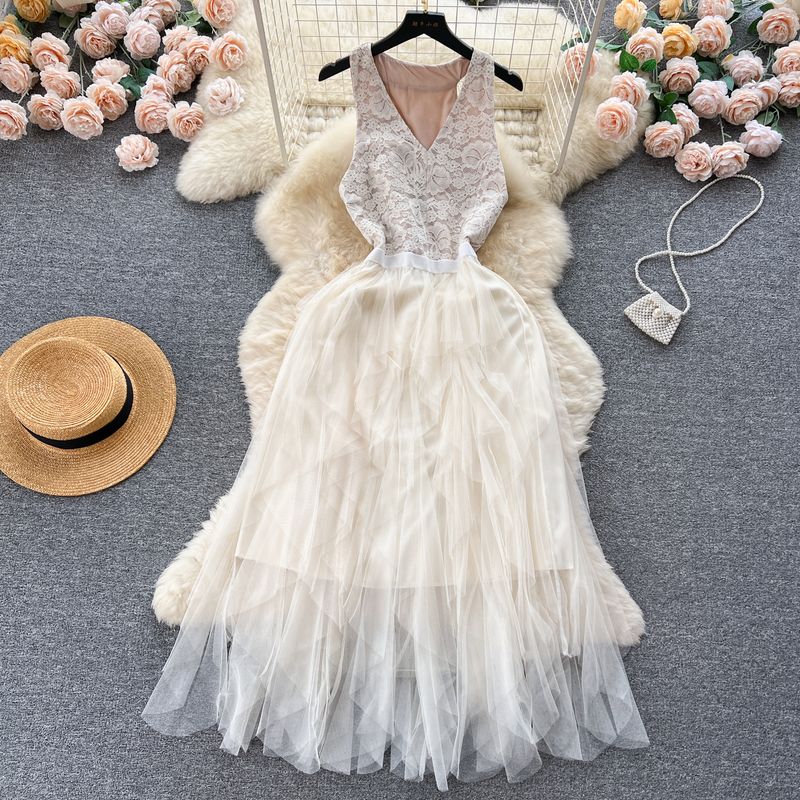 

Niche Style Lace Patchwork Dress Irregular Mesh Apricot color One size