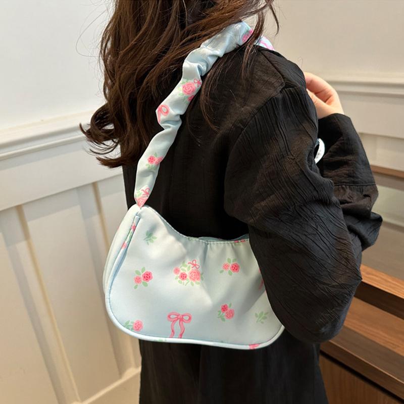 Unique Wrinkled Drawstring Floral Handbag Stylish Versatile Shoulder Underarm Purse Bag For Women