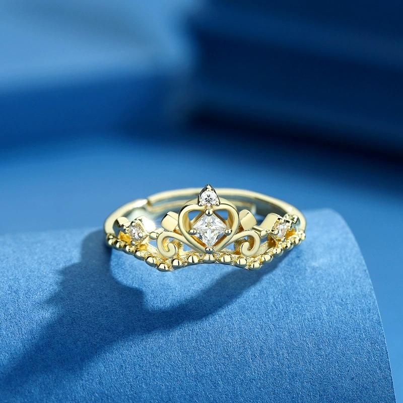 Luxury Crystal Square Zircon Stone Heart Crown Open Rings For Women Vintage Gold Color Engagement Promise Bands Wedding Jewelry