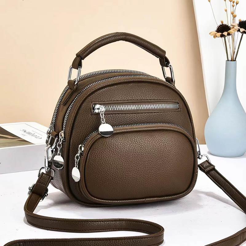 Women Mini Round Leather Handbag Multi Zipper Pockets Top Handle Crossbody Bag Adjustable Strap for Daily Use Ladies' Holiday Gifts