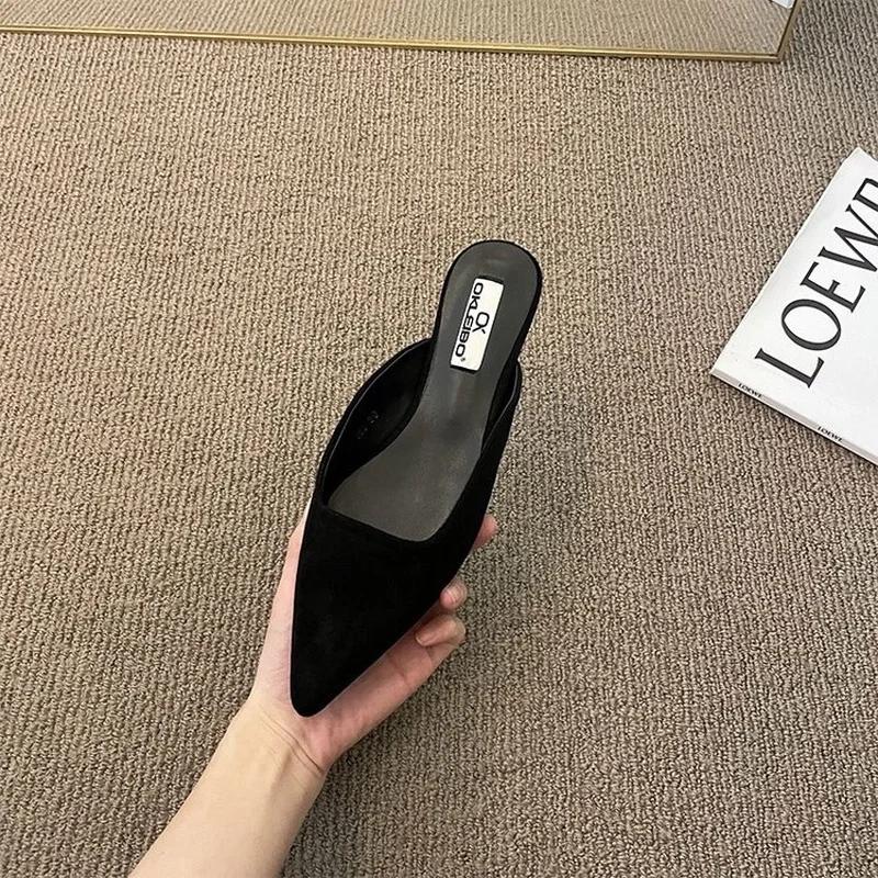 Fashion Women Slippers Pointed Toe Leopard Design Shallow Slip On Thin Low Heels Black Flock Design Casual Mules Loafers Black Outdoor