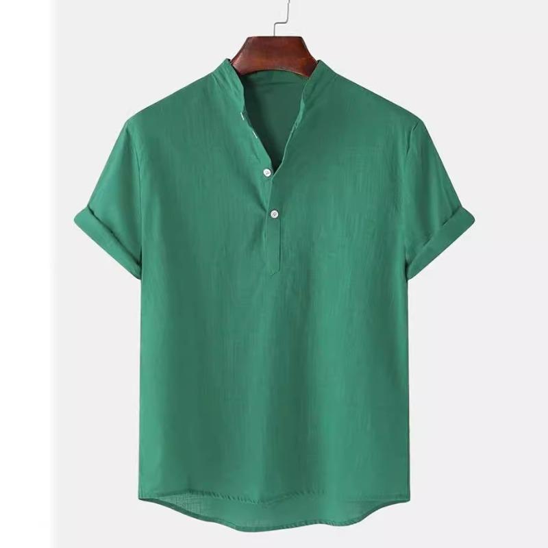Summer Men's Cotton Linen Breathable Solid Color Short Sleeved Henry Shirt Polo Shirts Men’s