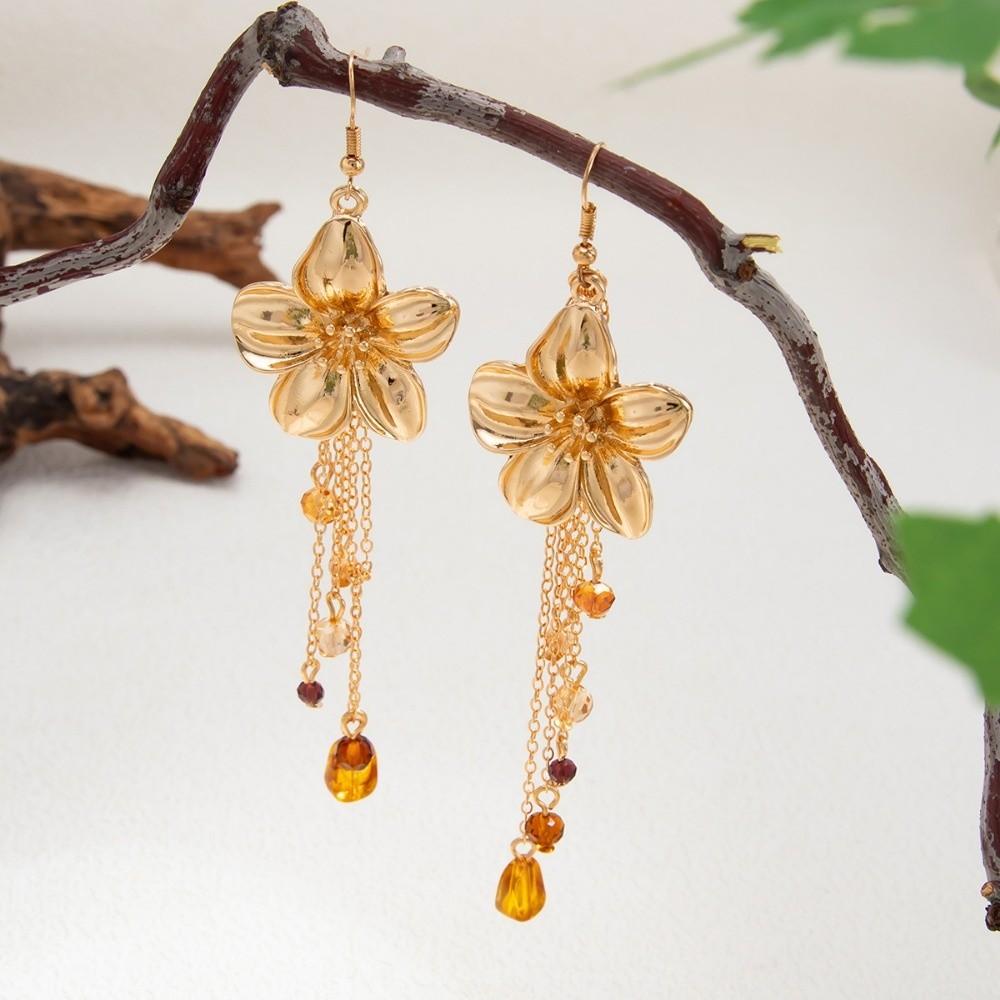 Gold Flower Pendant Necklace Punk Flower Tassels Earrings Vintage Y-shaped Chain Necklace Women