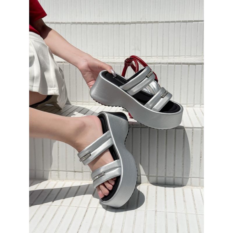 Leather Platform One-word Slippers Women's Summer New Fashionable Versatile Small Man Looks Tall and Comfortable Outside Sandals