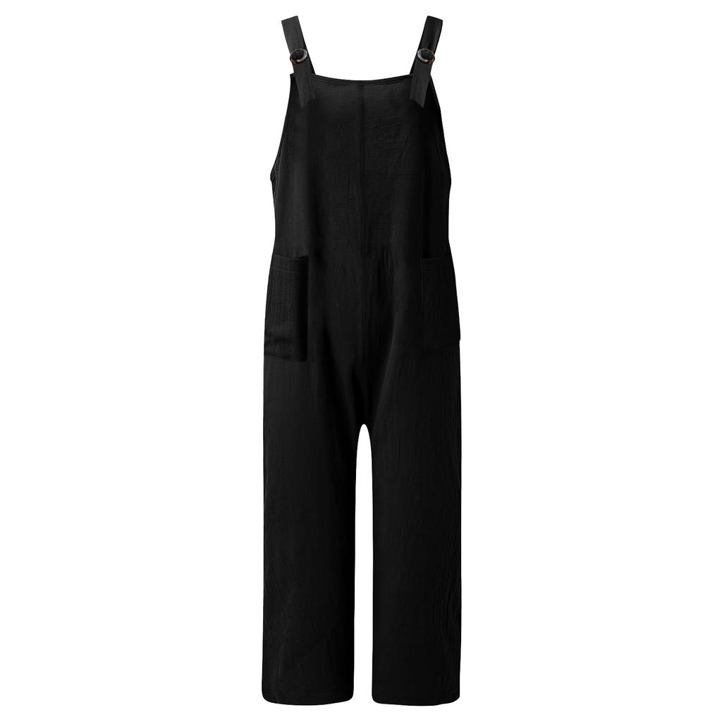 Damen-Overall aus Baumwolle und Leinen, gestreift, weites Bein, Cargohose, lässiger Overall