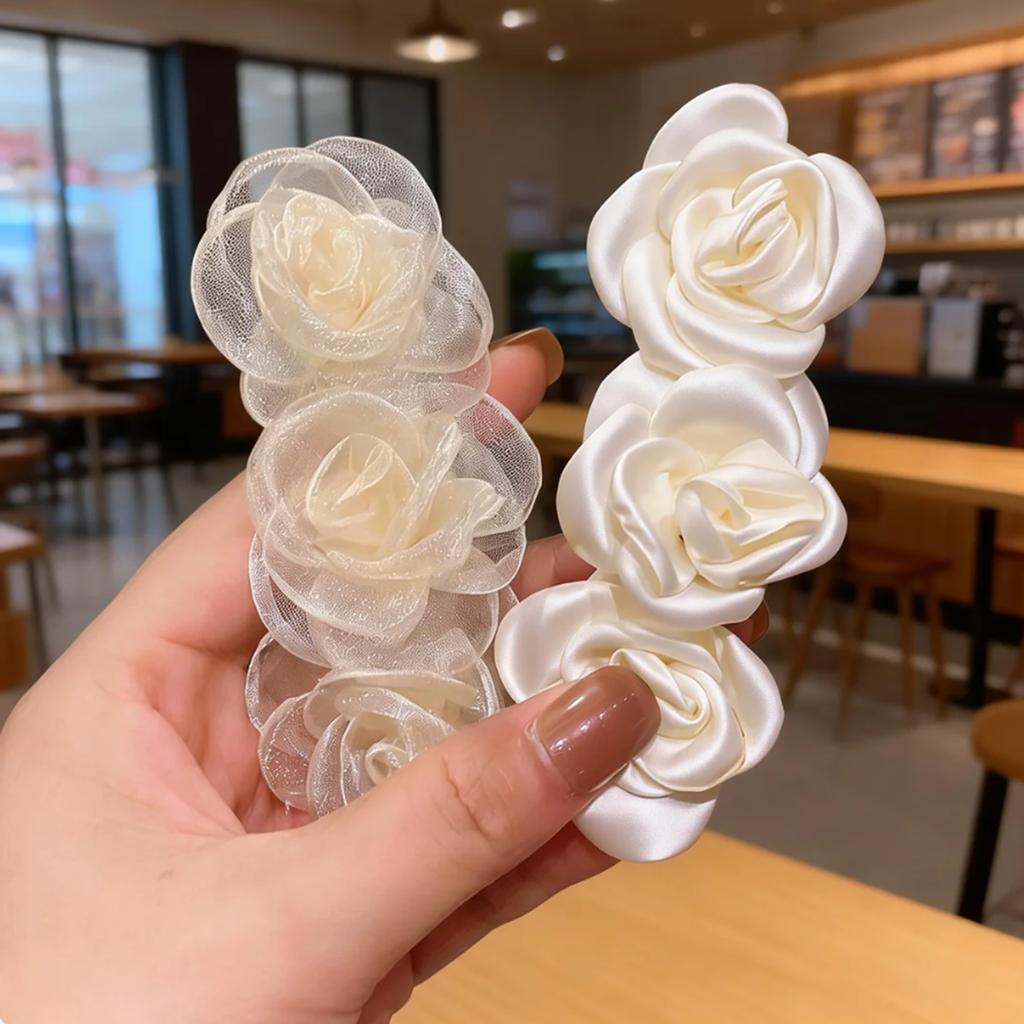 2Pcs White Rose Flower Hair Clips for Women, Elegant Organza Satin Hair Barrettes, Bridal Hair Accessories for Wedding, Party &