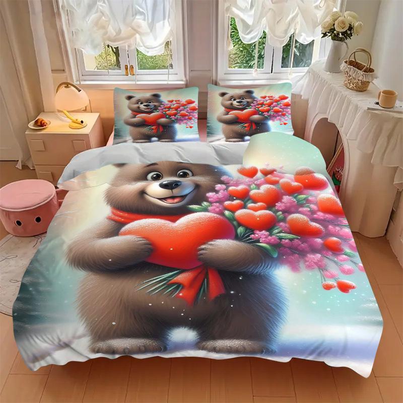 3pcs Anime Cartoon Bear Heart Bouquet Bedding Set - Includes One Quilt Cover and Two Pillowcases (No Core) - Polyester Fabric - Suitable for
