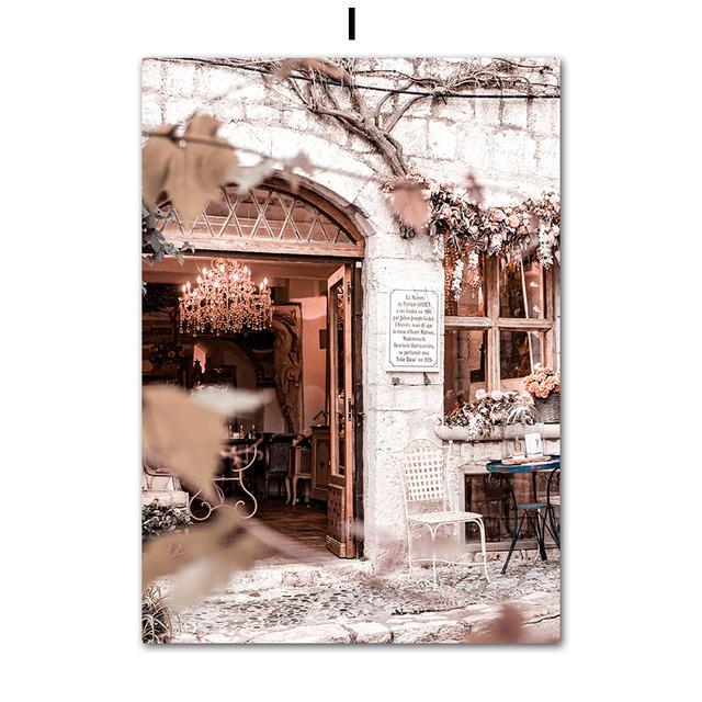 Nordycki Liść Samochód Kawiarnia Uliczna Dziewczyna Obcasy Różowy Kwiat Plakaty i Druki Obraz na Płótnie Ścienne Obrazy Ścienne do Dekoracji Salonu