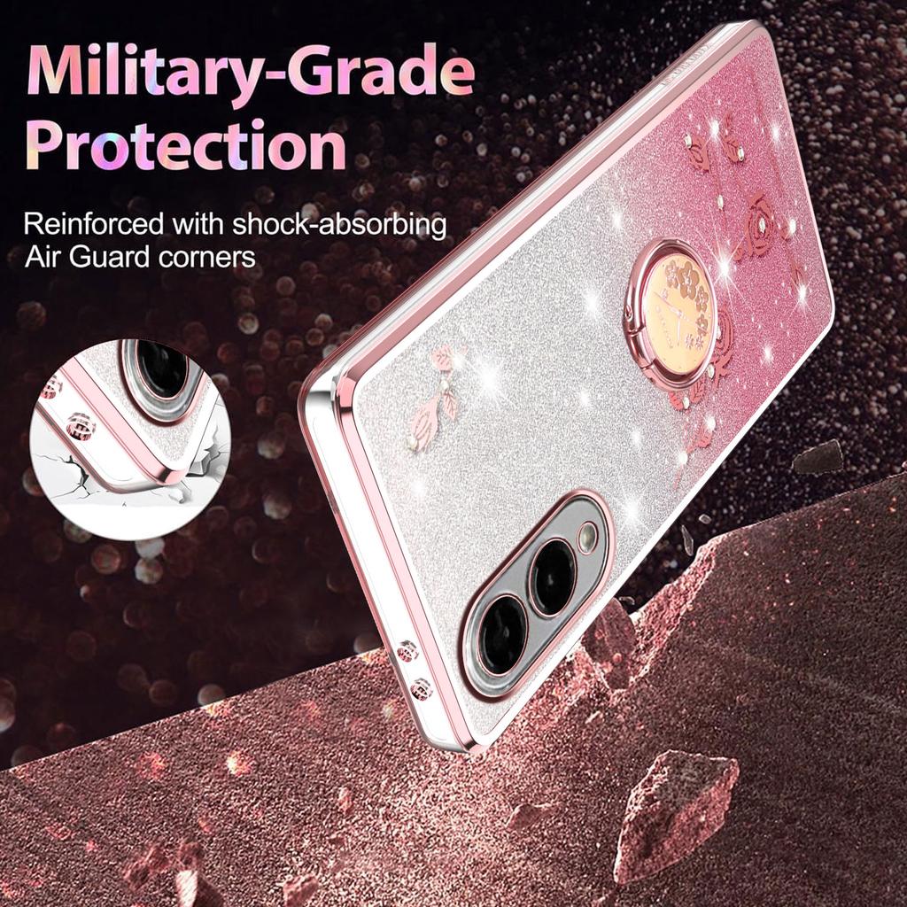 KADEM For Samsung Galaxy S25 Edge Case Ring Kickstand TPU Flowers Phone Cover Gradient Glitter