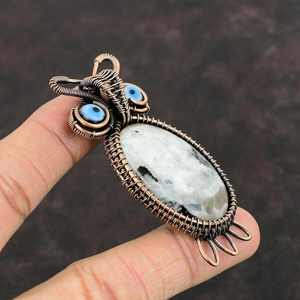 Rainbow Moonstone Pendant Copper Wire Wrapped Gemstone Pendant Owl Design Jewelry Black Color Evil Eye Pendant Handmade Copper Wire Jewelry