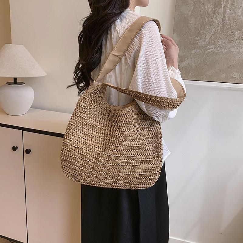 Solid Color Woven Tote Bag Hollow Out Breathable Shopping Straw Bag Lightweight Summer Beach Handbag For Women AVE
