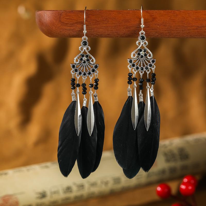 Vintage Ethnic Bohemian Crystal Beads Handmade Feather Tassel Women Earrings Long Drop Dangle Boho Jewelry Pendientes Mujer