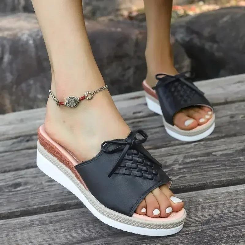 Fashion Pu Leather Women's Wedge Sandals Summer 2025 Bowknot Open Toe Plus Size Rome Sandals Woman Comfortable Lightweight Beach Sandles