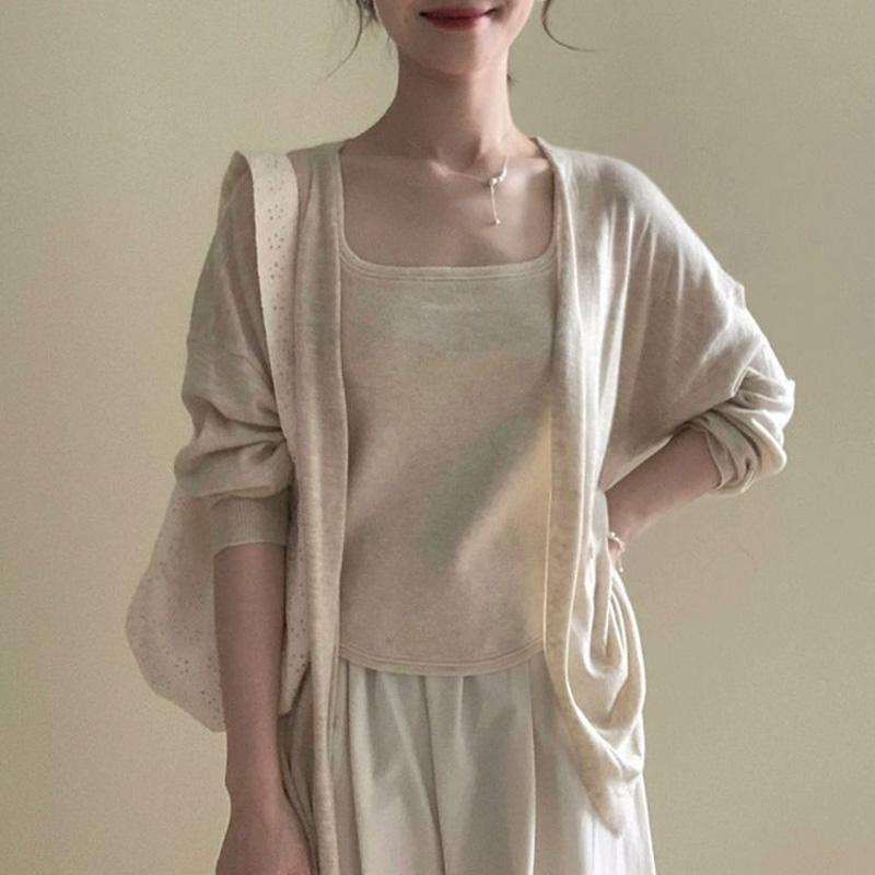 

Новый весенне-осенний кардиган оверсайз, свободный, простой однотонный, тонкий, с длинным рукавом, вязаный для женщин S бежевый