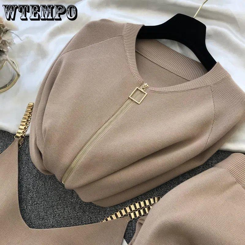 Women Zipper Knitted Cardigans Sweaters + Pants + Chain Vests Three-Piece Set Lady Jumpers Trousers Costumes Outfit Suit