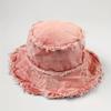 Bucket Hat Letter Print Label Basin Hats Stylish All-Match Lightweight Fisherman Hats-Daily Wear Matching And Shading Raw Hem Denim