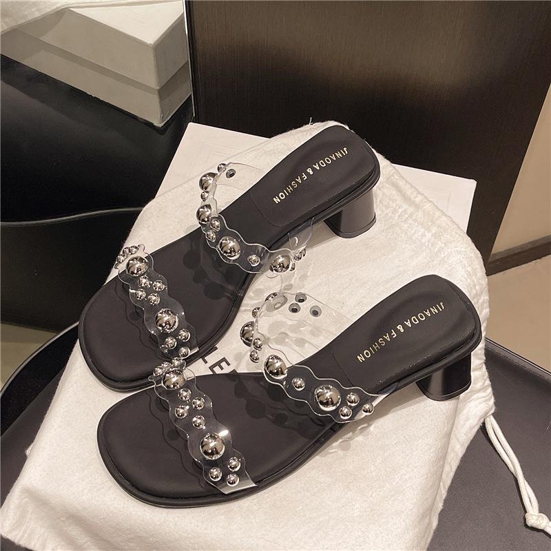 

Temperament with skirt transparent thick heel women s shoes 2025 summer new French rhinestone open-toed crystal shoes sexy one-word drag 40 чёрный