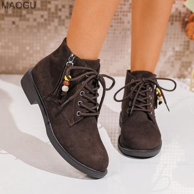Stivaletti Corti in Camoscio PU Tacco Basso Autunno Nuovi Punta Tonda Allacciatura Frontale Zip Laterale Suola Morbida Antiscivolo Stivaletti alla Caviglia per Donna Botines