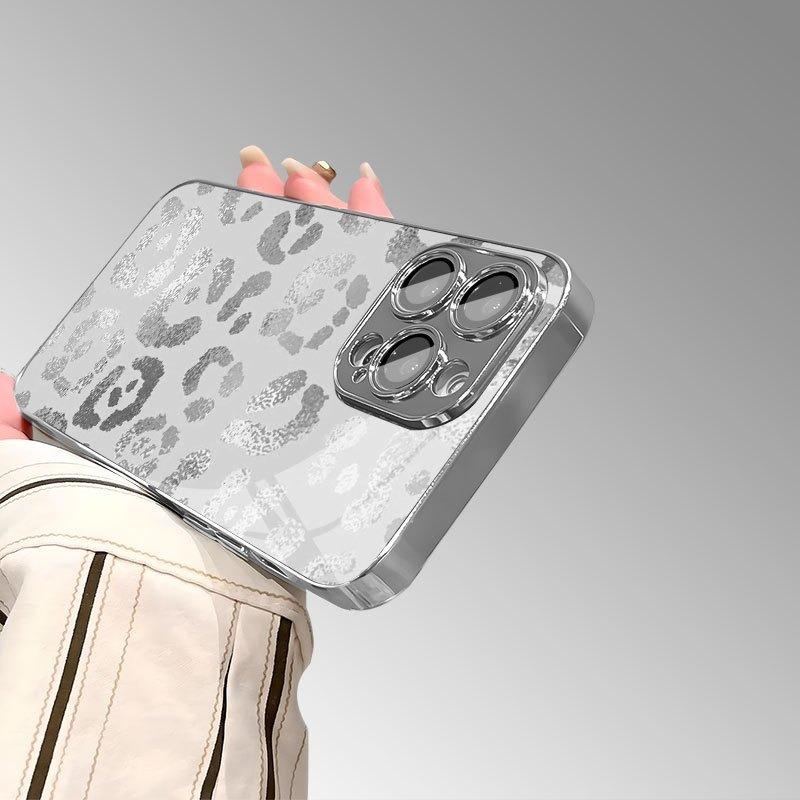 Grey Leopard Print Electroplate Silver Phone Case For Samsung Galaxy S26 S25 S24 S23 Ultra Plus FE Tempered Glass Cover