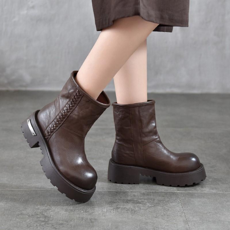 Johnature Genuine Leather Thick Soled Thick Heel Mid-calf Boots Plush Warm Women's Slip-on Boots