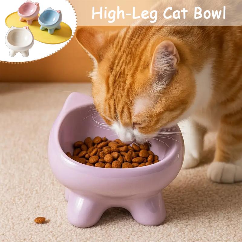 Cute Macaron Color Ceramic Cat Bowl Bow-Tie High-Leg Anti-Slip Large-Diameter Pet Food and Water Bowl Pet Supplies Cat Products