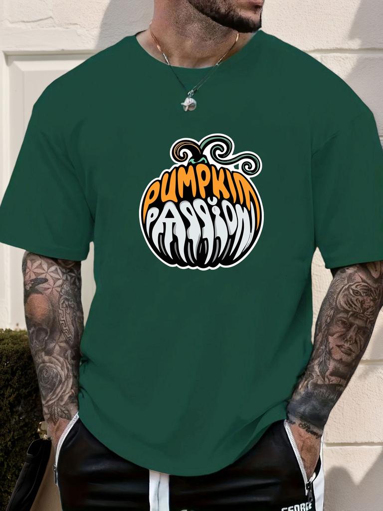 Mens Casual Tshirt Pumpkin Passion Print Short Sleeve Round Neck Breathable Soft Oversized Fun Daily Wear Tee