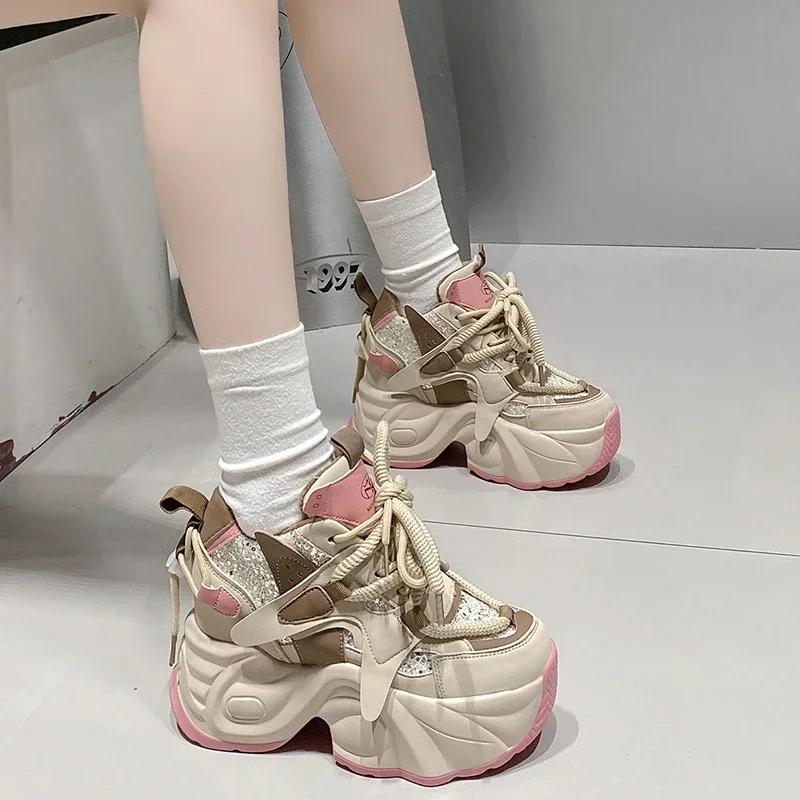 Fashion Women Bling Chunky Sneakers NEW Winter High Platform Warm Fur Shoes Ladies Wedges Casual Dad Shoes Leather Sports Sneakers 7.5CM
