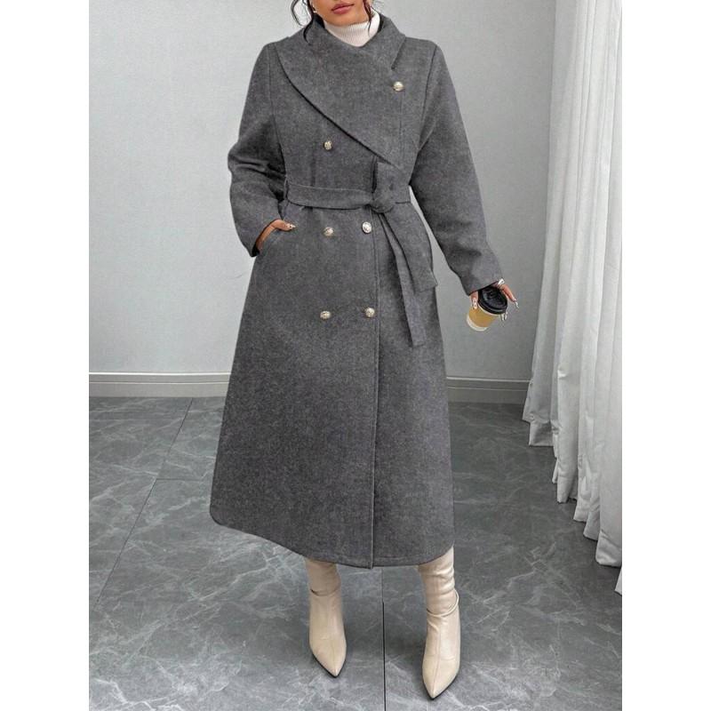 Womens Oversized Wool Blend Coat With Double Breasted Buttons Asymmetrical Collar Winter Warm Long Outerwear