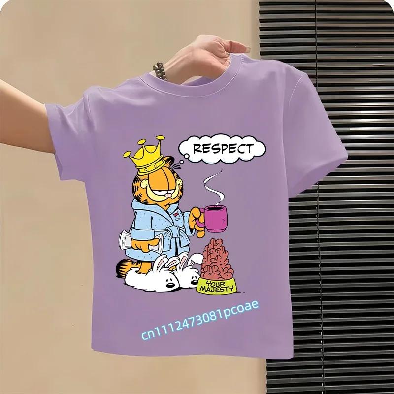 boys' sports shirt, girls' casual top with cartoon print, summer T-shirt Garfield's new children's pure polyester short-sleeved