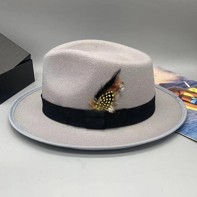 2023 Sombrero Fedora de Lana Sintética para Hombre Mujer Ala Ancha Accesorios de Lazo Pluma Otoño Invierno Caballero Sombrero Panamá Jazz
