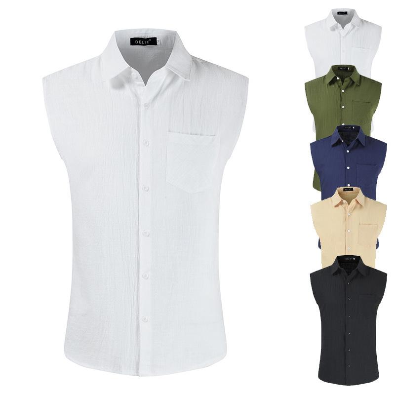 Nuova Camicia da Uomo in Lino Senza Maniche per Primavera e Autunno Gilet Semplice Casual Gilet in Lino con Tasca Decorativa Top