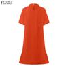 ZANZEA Damen Freizeit Stehkragen Sommer Kurzarm Kleid