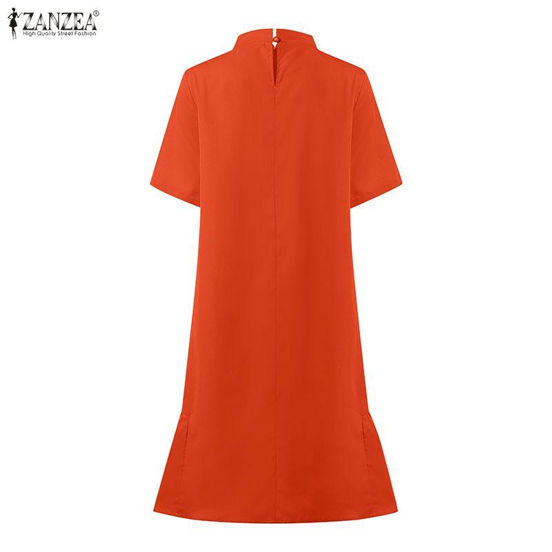 ZANZEA Damen Freizeit Stehkragen Sommer Kurzarm Kleid