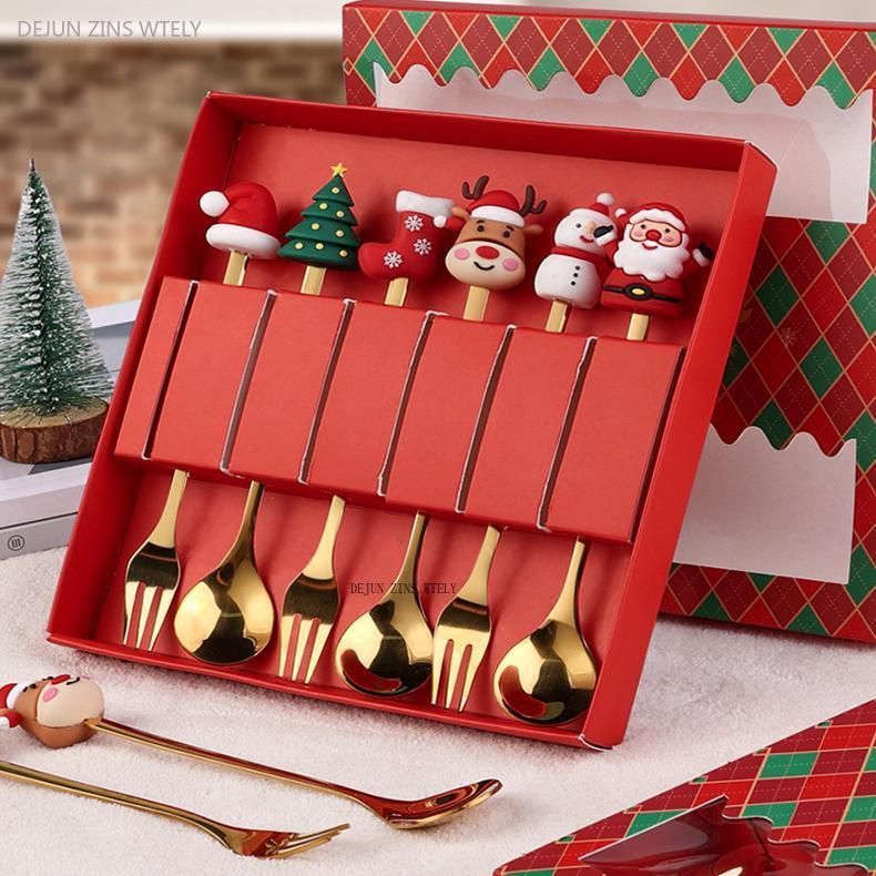 Christmas Dinnerware Set Golden Stainless Steel Spoon and Fork Set Cute Children's Gifts Rice Spoon Fruit Fork Table Accessories